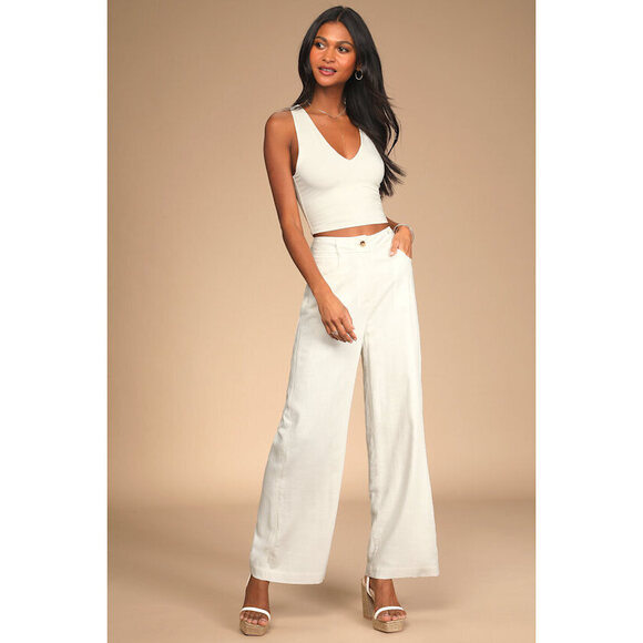 Lulus Set For Springtime Ivory High-waisted Wide-leg Pants White - Size L - Picture 1 of 4